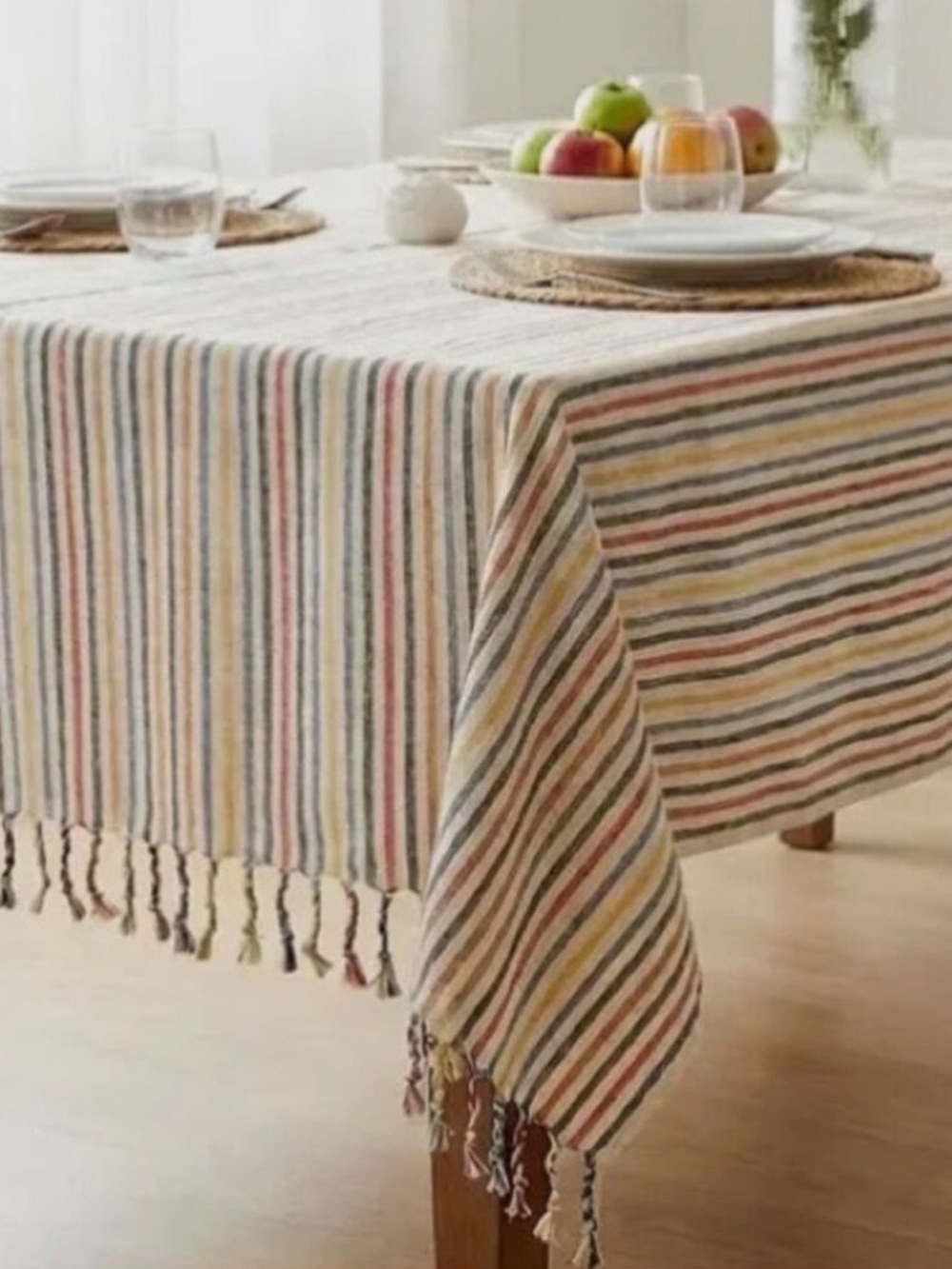 Striped Multicolor Tablecloth Hand Tied Tassels Hand Loom Weave Linen NEW